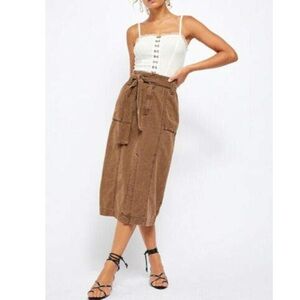 Free People Catching Feelings Linen Cotton Slit Midi Skirt Brown Midi Skirt